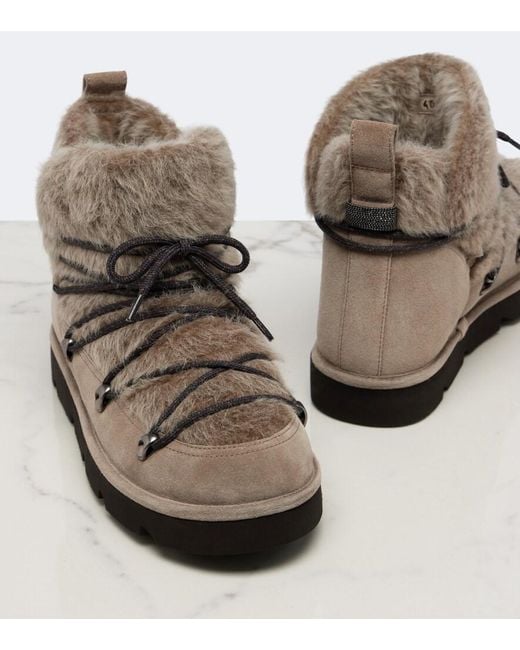 Brunello Cucinelli Brown Monili Shearling And Suede Snow Boots