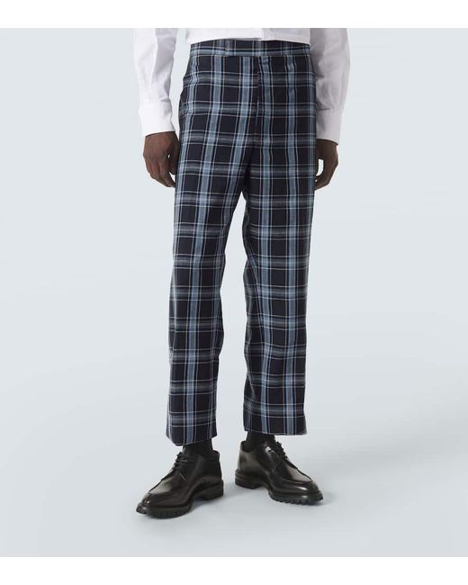 Thom Browne Blue Checked Wool And Linen Pants for men