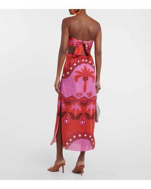 Johanna Ortiz Red Printed Cutout Linen Midi Dress