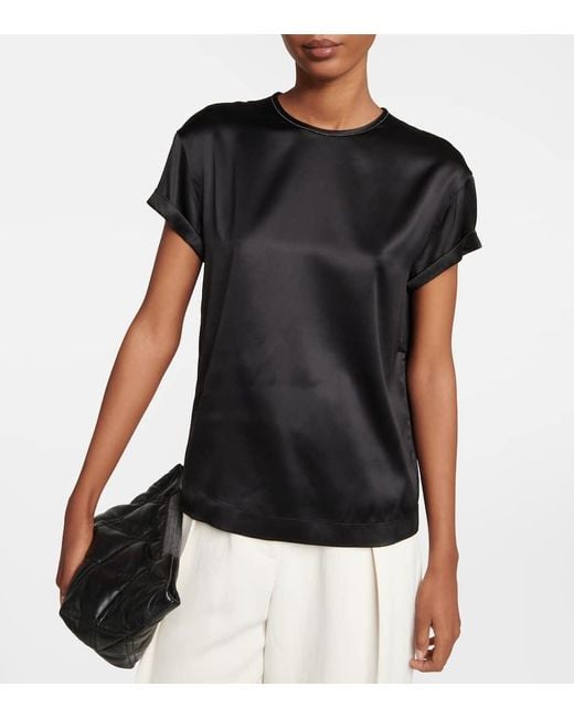 Brunello Cucinelli Black Embellished Silk-Blend Satin T-Shirt