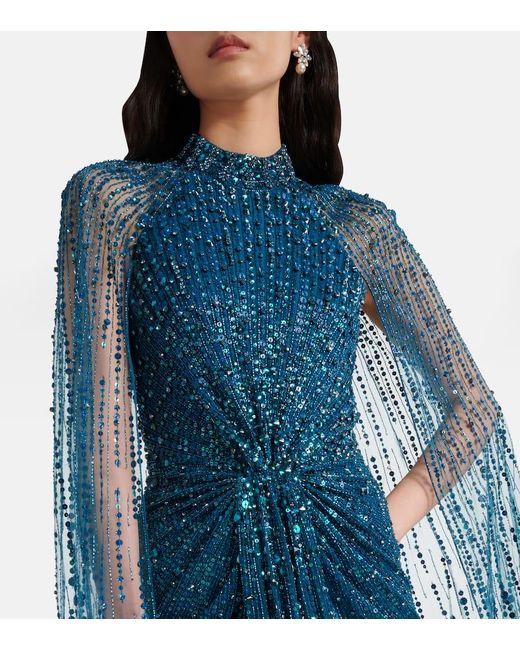 Jenny Packham Blue Cairo Sequined Caped Gown