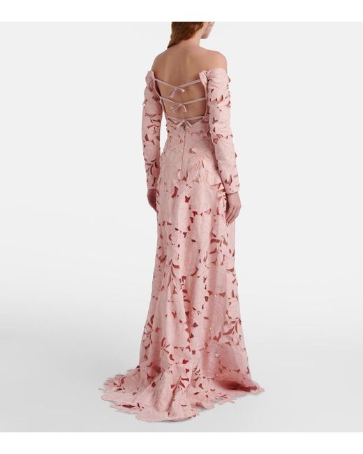 Costarellos Pink Kasia Floral Off-Shoulder Lace Gown