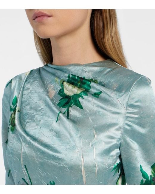 Erdem Green Draped Floral Satin Midi Dress
