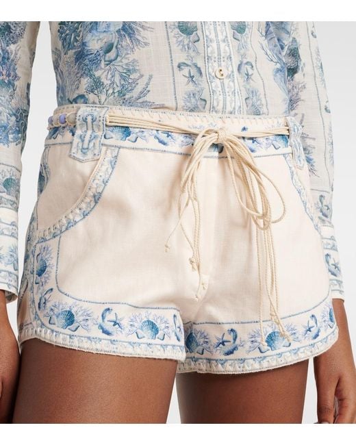 Zimmermann White Wanderlust Belted Floral Linen Shorts