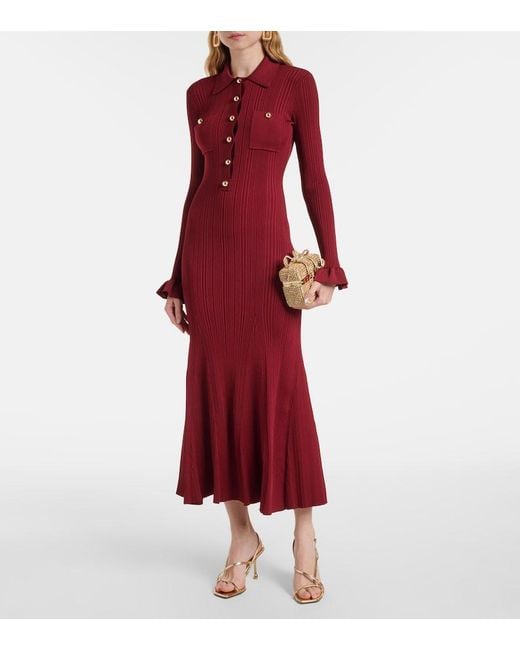 Self-Portrait Red Ribbed-Knit Midi Dress