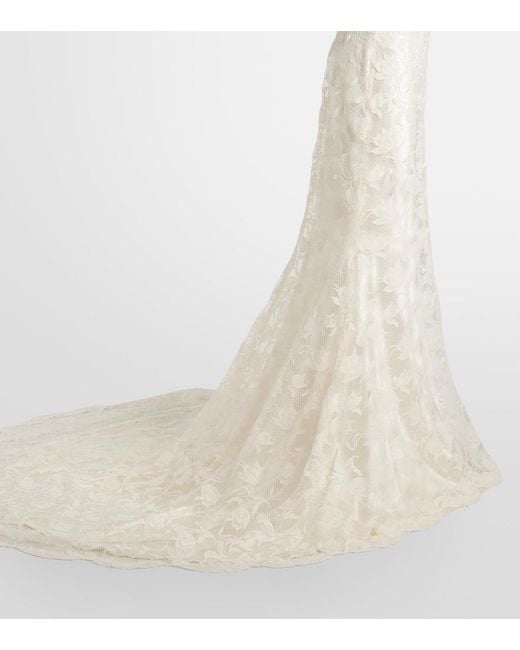 Danielle Frankel White Bridal Adena Floral Lace-Trimmed Wool And Silk Gown