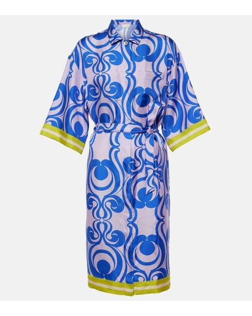 Dries Van Noten Blue Bedrucktes Hemdblusenkleid aus Seide