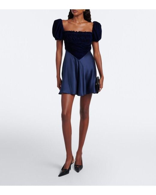 Rodarte Blue Ruched Silk Satin And Velvet Minidress