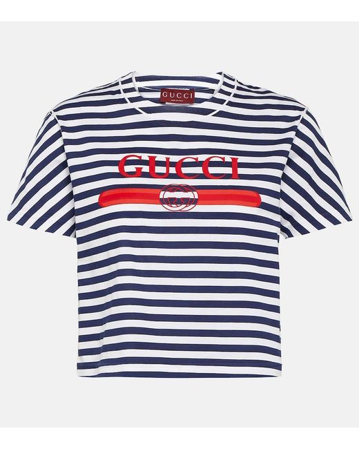 Gucci Blue Logo Striped Cotton Jersey T-shirt