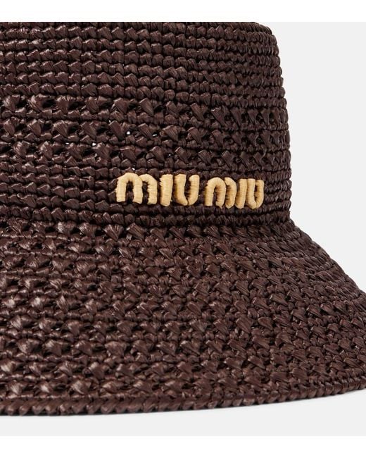 Miu Miu Logo Raffia-Effect Bucket Hat in Brown | Lyst display picture 3