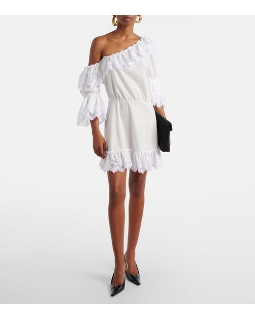 Saint Laurent White Embroidered Ruffled Cotton Poplin Minidress