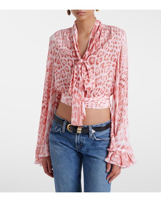 Roberto Cavalli Pink Leopard-Print Tie-Neck Jersey Blouse