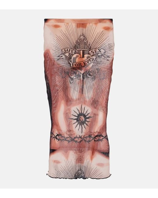 Jean Paul Gaultier Red Tattoo Collection Mesh Midi Skirt