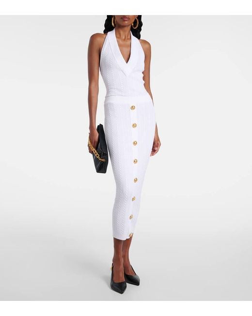 Balmain White Cable-Knit Midi Skirt