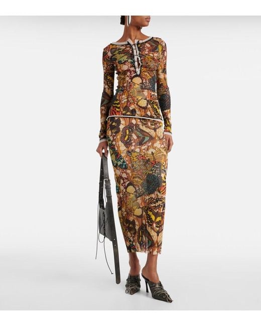 Jean Paul Gaultier Brown Printed Lace-Trimmed Mesh Top