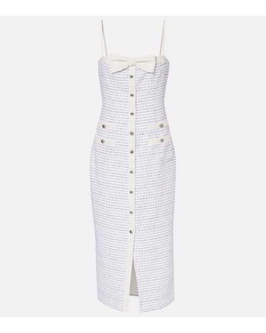 Alessandra Rich White Bow-Detail Striped Tweed Midi Dress
