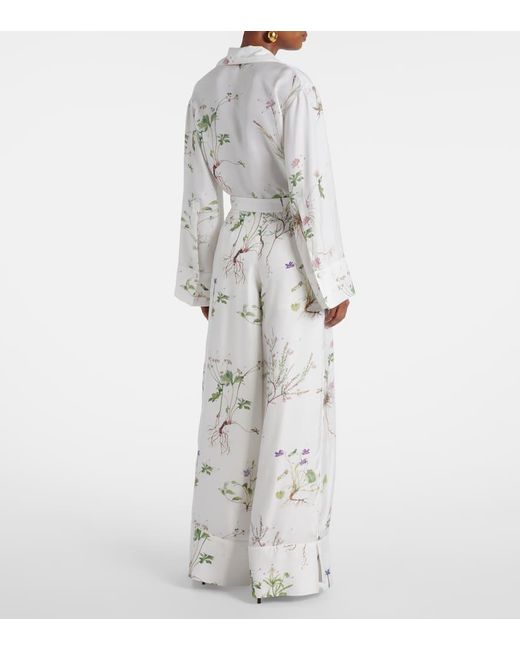 Erdem White Floral Printed Silk Wide-Leg Pants