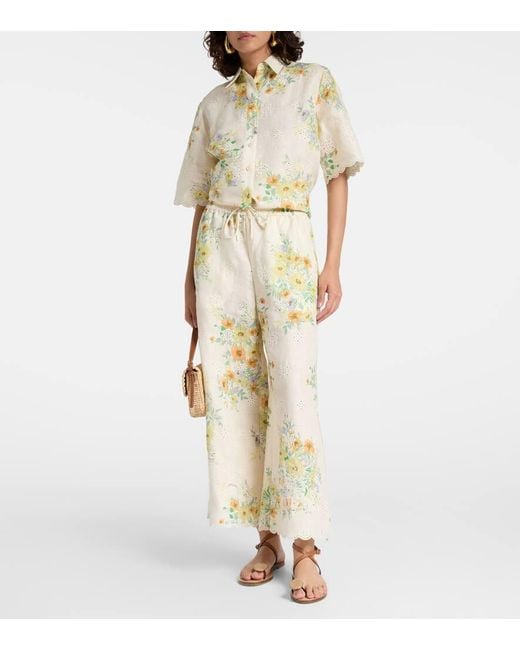 Pantalon Ample Juliette En Lin A Fleurs ALÉMAIS en coloris White