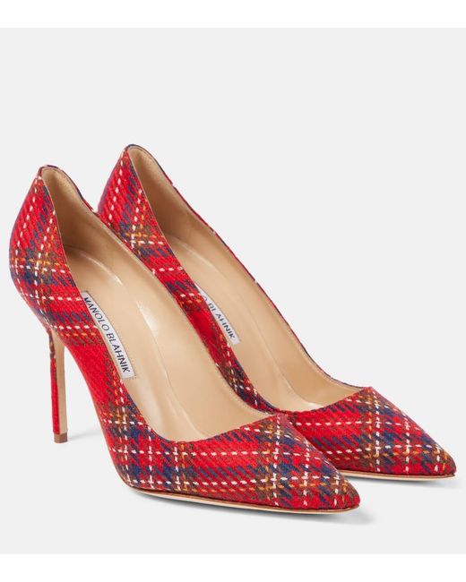 Manolo Blahnik Red Bb 90 Plaid Pumps