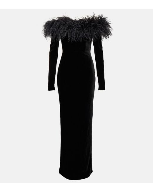 Alessandra Rich Black Feather-trimmed Velvet Gown