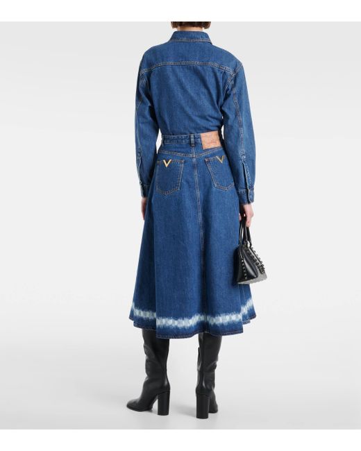 Valentino Blue Vgold Distressed Denim Midi Skirt