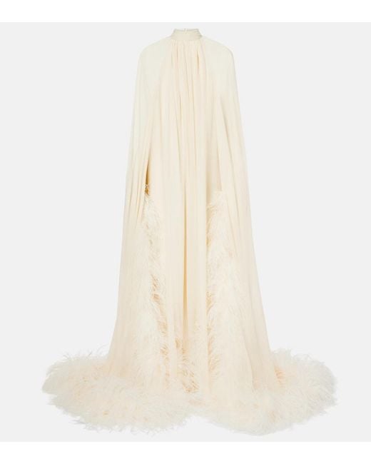 Taller Marmo Natural Feather-Trimmed Silk Gown