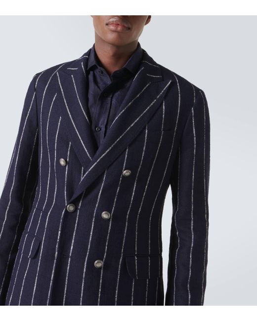 Brunello Cucinelli Blue Chalk Stripe Linen, Wool, And Silk-blend Blazer for men