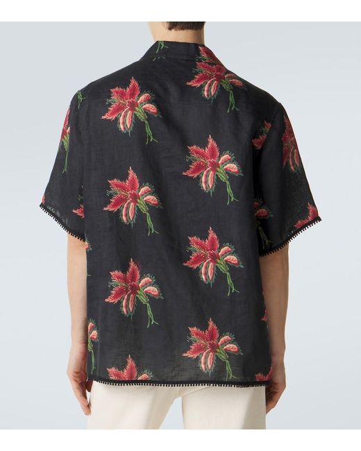Valentino Black Floral Lace-Trimmed Linen Bowling Shirt for men