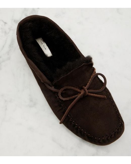 The Row Brown Lucca Shearling-Trimmed Suede Boat Shoes