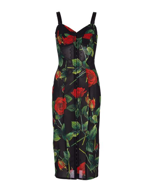 Dolce & Gabbana Synthetic Floral Bustier Midi Dress in Black | Lyst