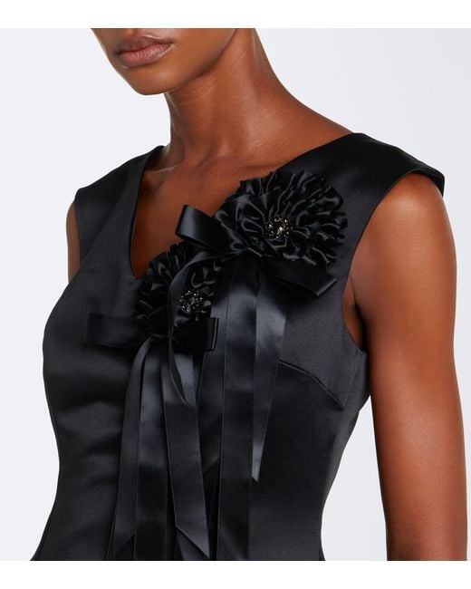 Simone Rocha Black Floral-Applique Satin Midi Dress