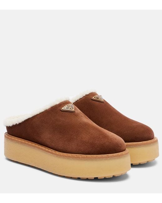 Prada Brown Evolve Shearling-Trimmed Suede Platform Mules