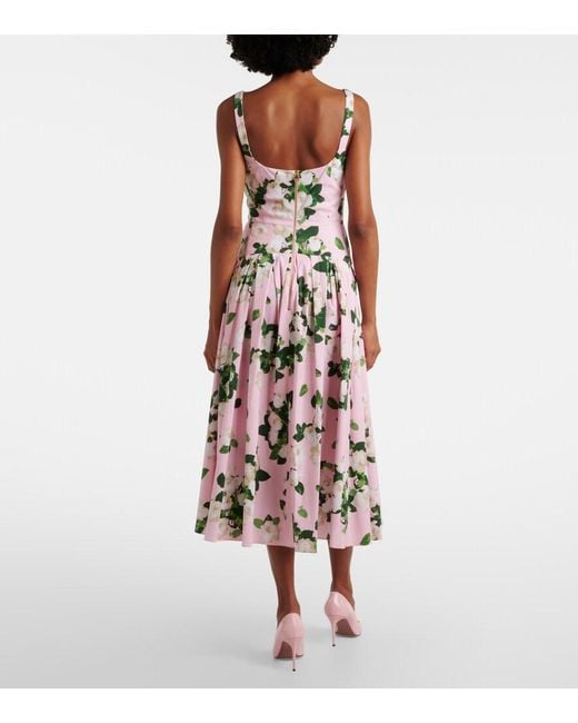Carolina Herrera White Floral Pleated Cotton-Blend Midi Dress