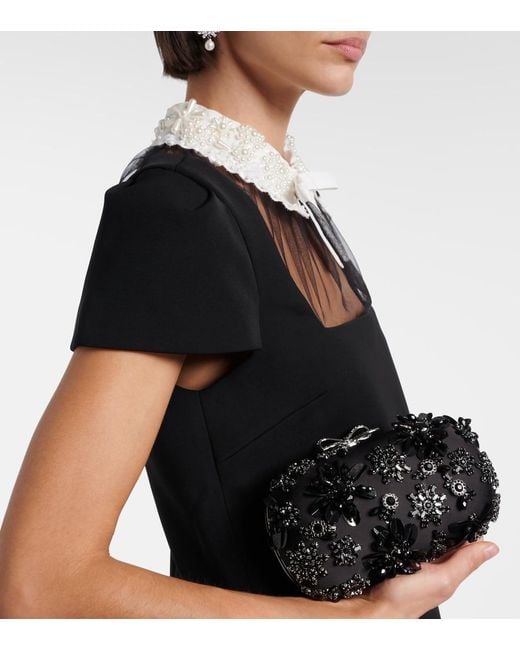 Self-Portrait Black Crystal-Embellished Floral Satin Clutch