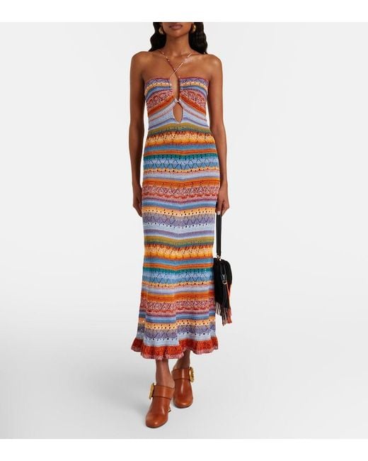 Etro White Striped Crochet Cotton Maxi Dress