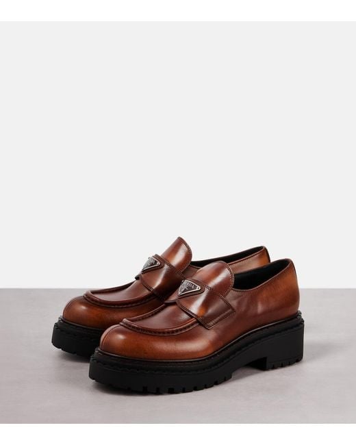 Prada Brown Logo Leather Platform Loafers
