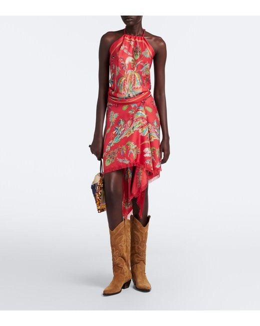 Etro Red Paisley Asymmetric Silk Twill Miniskirt