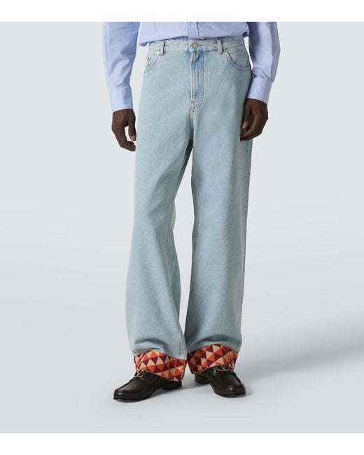 Valentino Blue Jacquard-Trimmed Wide-Leg Jeans for men