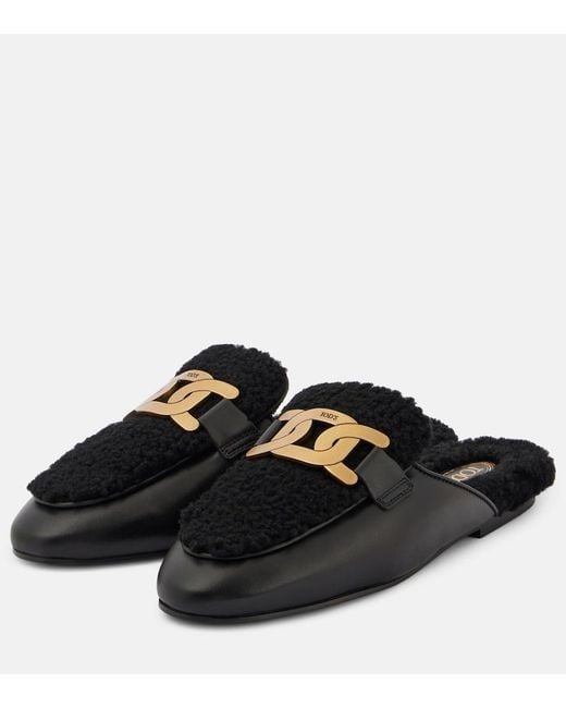 Tod's Black Catena Kate Shearling And Leather Mules