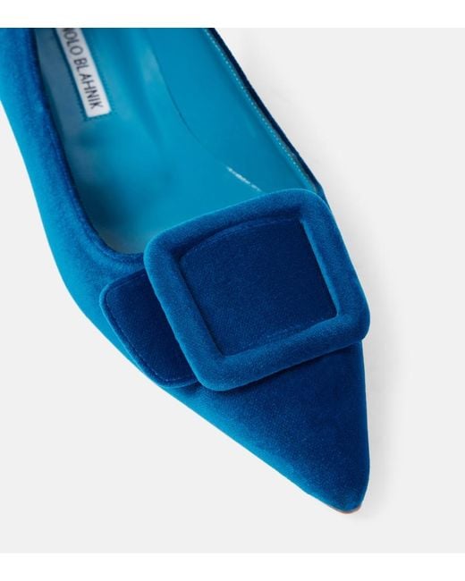 Manolo Blahnik Blue Maysale Velvet Ballet Flats