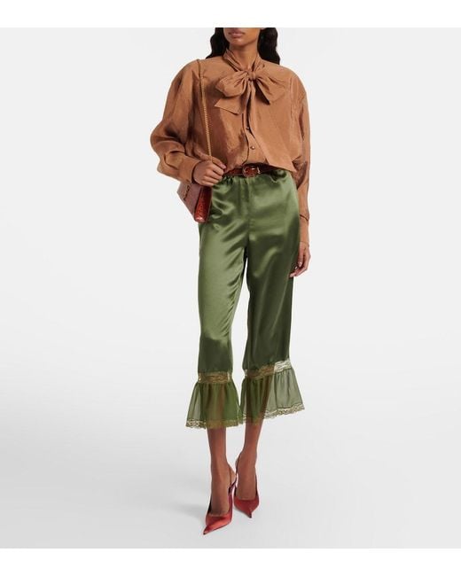 Saint Laurent Green Lace-Trimmed Silk Satin Straight Pants