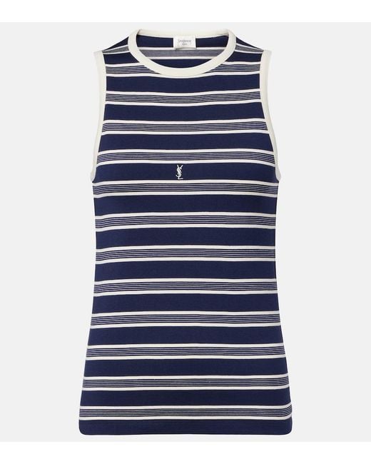 Saint Laurent Blue Cassandre Striped Cotton Jersey Tank Top