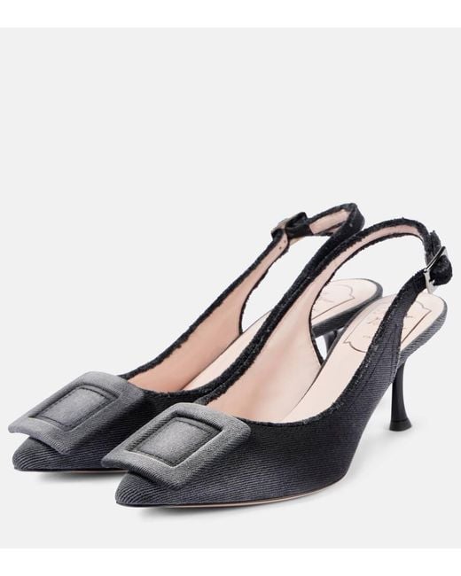 Roger Vivier Black Fringed Denim Slingback Pumps