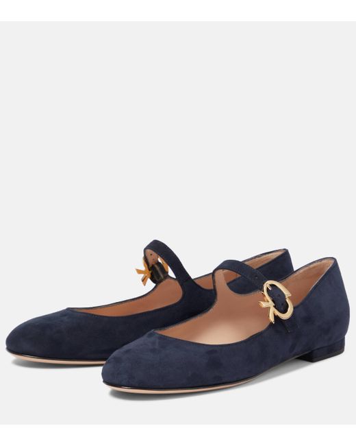 Gianvito Rossi Blue Mary Ribbon Suede Ballet Flats