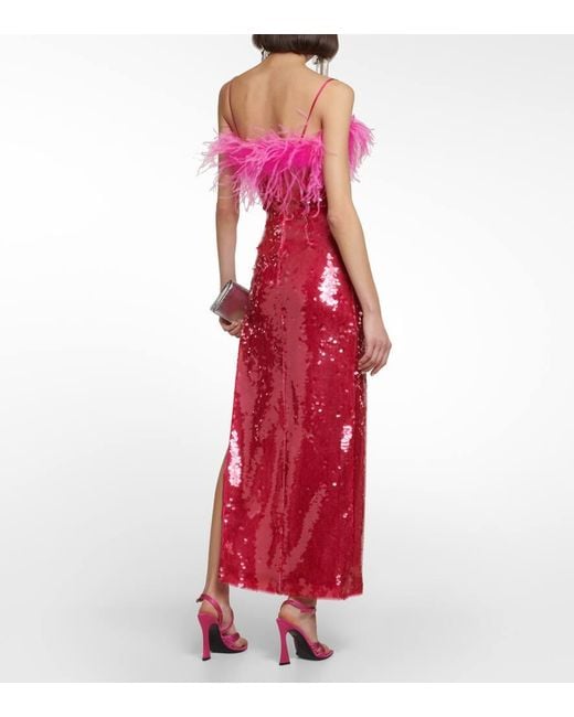 GIUSEPPE DI MORABITO Red Sequined Feather-Trimmed Gown