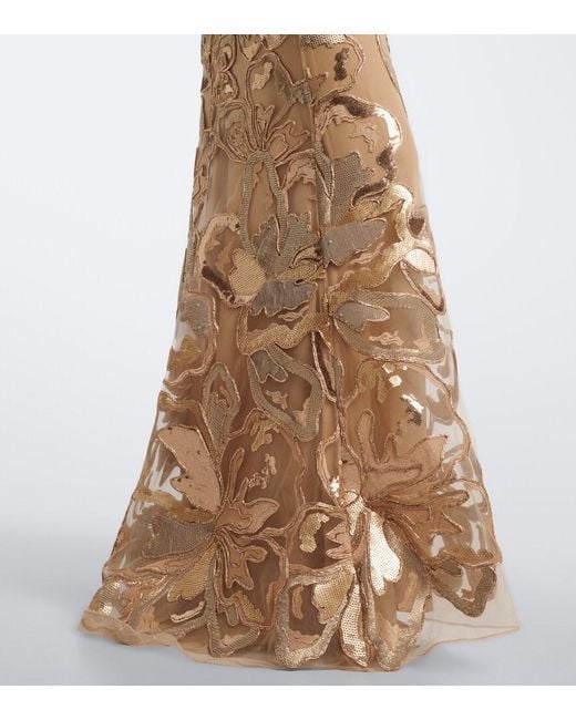 Elie Saab Natural Embroidered Sequined Tulle Gown