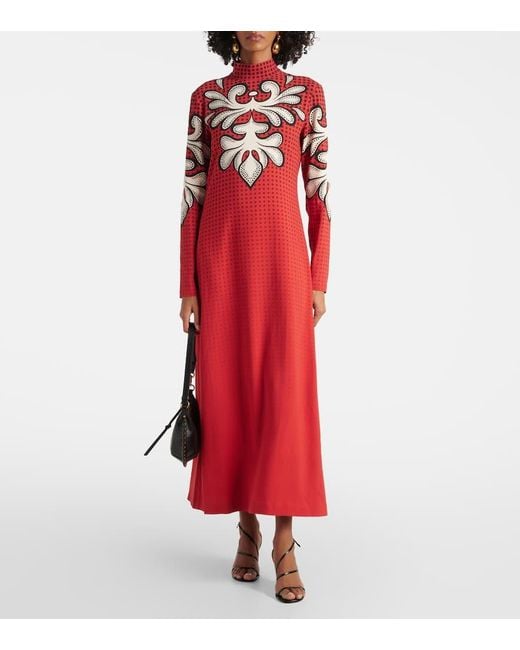 LaDoubleJ Red Halle Printed Satin Midi Dress