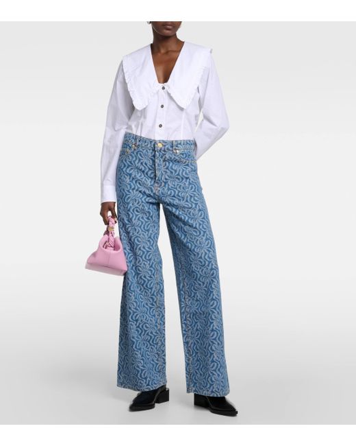 Ganni Blue Mid-rise Jacquard Wide-leg Jeans