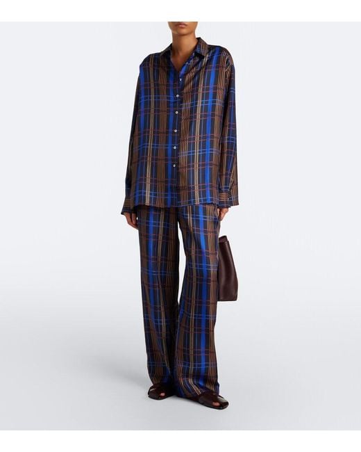 Asceno Blue Aurelia Plaid Silk Twill Wide-Leg Pants