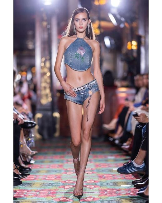 Alessandra Rich Blue Floral Cropped Denim Bustier Top